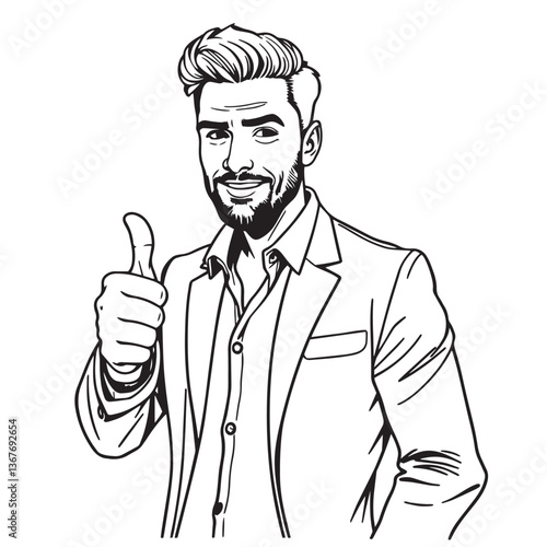 Continuous one black line art drawing a handsome man giving a thumbs up design vector.