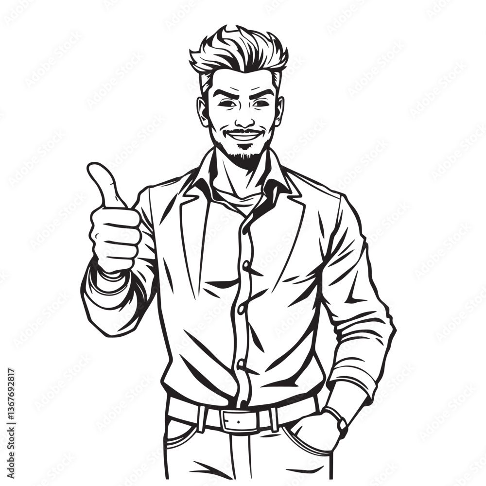 Continuous one black line art drawing a handsome man giving a thumbs up design vector. Continuous one black line art drawing a handsome man giving a thumbs up design vector.