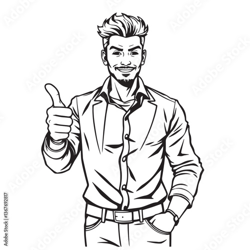 Continuous one black line art drawing a handsome man giving a thumbs up design vector.