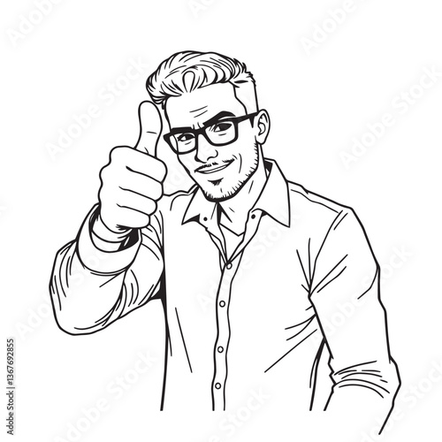Continuous one black line art drawing a handsome man giving a thumbs up design vector.