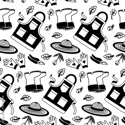 pattern of garden tools and plants, clothes, plants in the style of flat doodles, highlighted in white. A texture with equipment for transplanting indoor plants. Seamless garden elements and tools