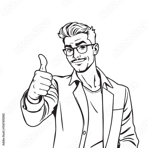 Continuous one black line art drawing a handsome man giving a thumbs up design vector.