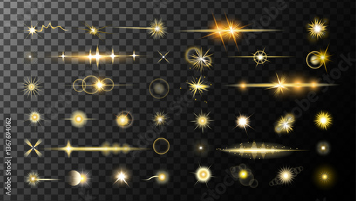 Sparkling stars, flickering and flashing lights. Collection of different light effects.Realistic flares.  Glowing effects.Stars in space. Isolated glints set. Sparkle glares.Vector shimmering elements