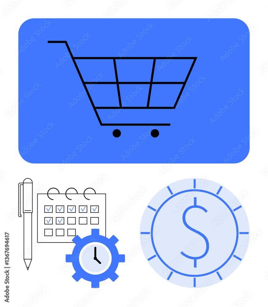 Shopping cart, calendar with pen and checkmarks, gear clock, and dollar coin emphasizing finance, ecommerce, and time management. Ideal for shopping, savings, planning productivity schedule online Shopping cart, calendar with pen and checkmarks, gear clock, and dollar coin emphasizing finance, ecommerce, and time management. Ideal for shopping, savings, planning productivity schedule online
