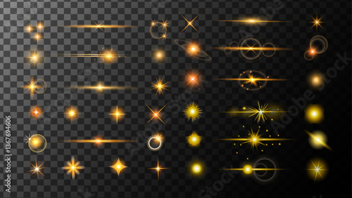  Spark spot light special effect design. Realistic flares. Glowing effects light or sunlight reflection from lens. Stars in space. Isolated glints set. Sparkle glares.Vector shimmering elements