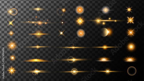 Sparkles Star. Radiance flash rays Gold Glow lighting Star. Collection of different light effects golden glitter, star shine. Set of Tran Isolated glints set. Sparkle glares.Vector shimmering elements