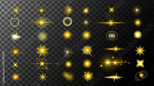Set Golden stars.Special Light Glow Effect. Realistic flares. Flash Glowing effects Shine, Dust, Sparks, Explosions, Curved Swirls, Solar Flare, Glitter, Stars, Wind Glare, and Light Motion Elements.