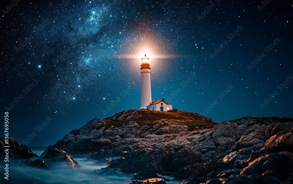 Illuminated Lighthouse at Night Guiding Ships Under Starry Skies Illuminated Lighthouse at Night Guiding Ships Under Starry Skies