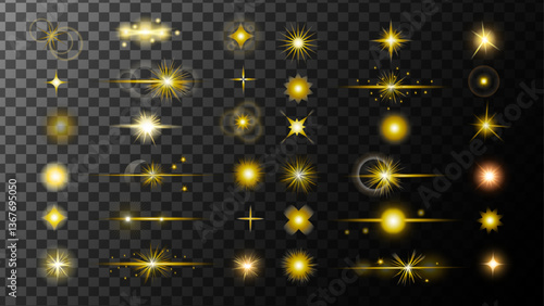 Set Light rays of light horizontal.Golden color with glare and flashes isolated on a transparent background. Light star gold. Light sun gold.Light flash gold png. Powder golden shimmer.Element design.