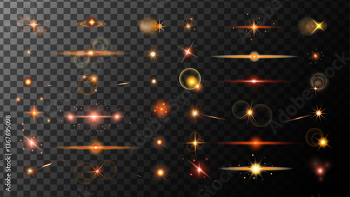 Glowing stars.Amazing huge nebula. Realistic flares.Gold Flash. Glowing effects light or sunlight reflection from lens. Stars in space. Sparkle glares.Vector shimmering elements.