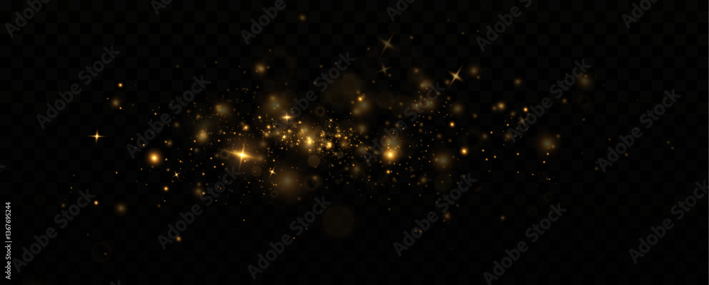 Vector sparkles on a transparent background. Christmas light effect. Sparkling magical dust particles.The dust sparks and golden stars shine with special light.