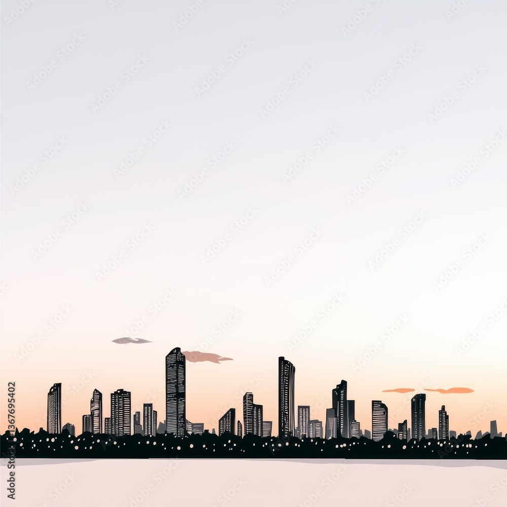 City Skyline Silhouette at Dawn Pastel Sky Minimalist Design City Skyline Silhouette at Dawn Pastel Sky Minimalist Design