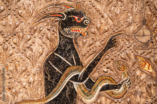 Tableau sur toile devil with a snake in his arms, Altar of Ix, 12th century, tempera and remains o
