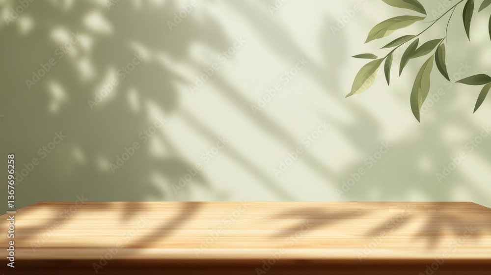 Light and Shadow, Wooden Table, Green Leaves Light and Shadow, Wooden Table, Green Leaves
