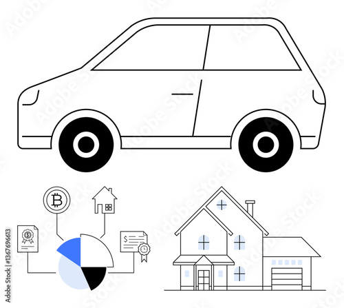 Car outline, house illustration, and financial diagram featuring cryptocurrencies, pie chart, certificates, and homeownership. Ideal for finance, investing, assets economy car leasing real estate