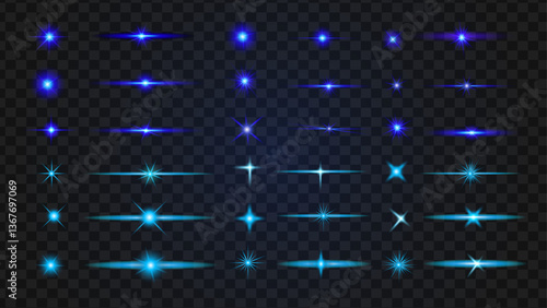 Realistic flares. Blue Flash. Glowing effects. Glowing effects light or sunlight reflection from lens. Stars in space. Isolated glints set. Sparkle glares.Vector shimmering elements