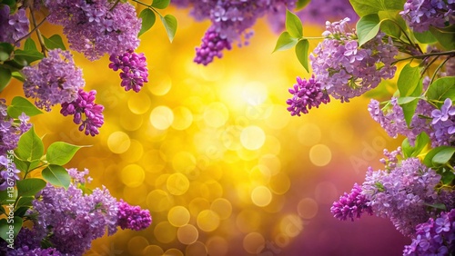 Lilac Branches Floral Frame on Yellow Background - Night Photography
