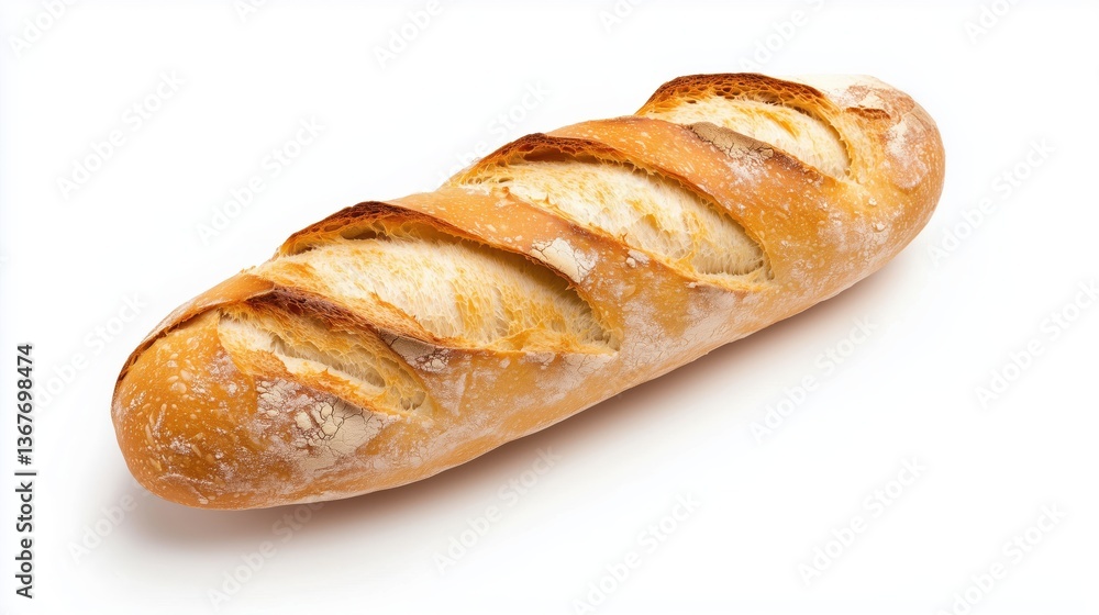 Fresh Crusty Baguette with Soft White Crumb on White Background Fresh Crusty Baguette with Soft White Crumb on White Background
