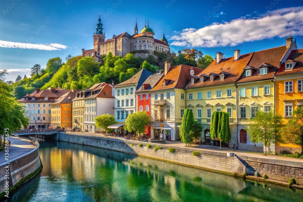 Obraz premium Ljubljana Slovenia Cityscape: Colorful Buildings, Ljubljanica River & Castle