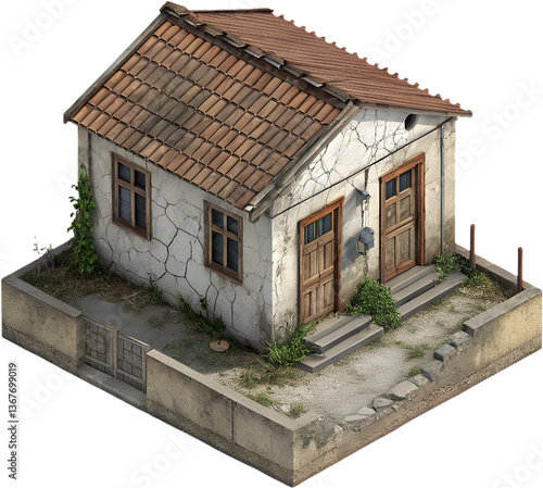 Dilapidated house in slum with broken walls and rusted roof.
