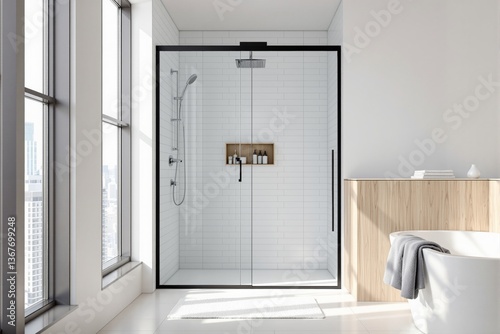 Wallpaper Mural Contemporary bathroom interior with glass shower, freestanding tub, natural wood paneling, white tiles, sunlit city view background, concept of clean minimalism. Ai generative Torontodigital.ca