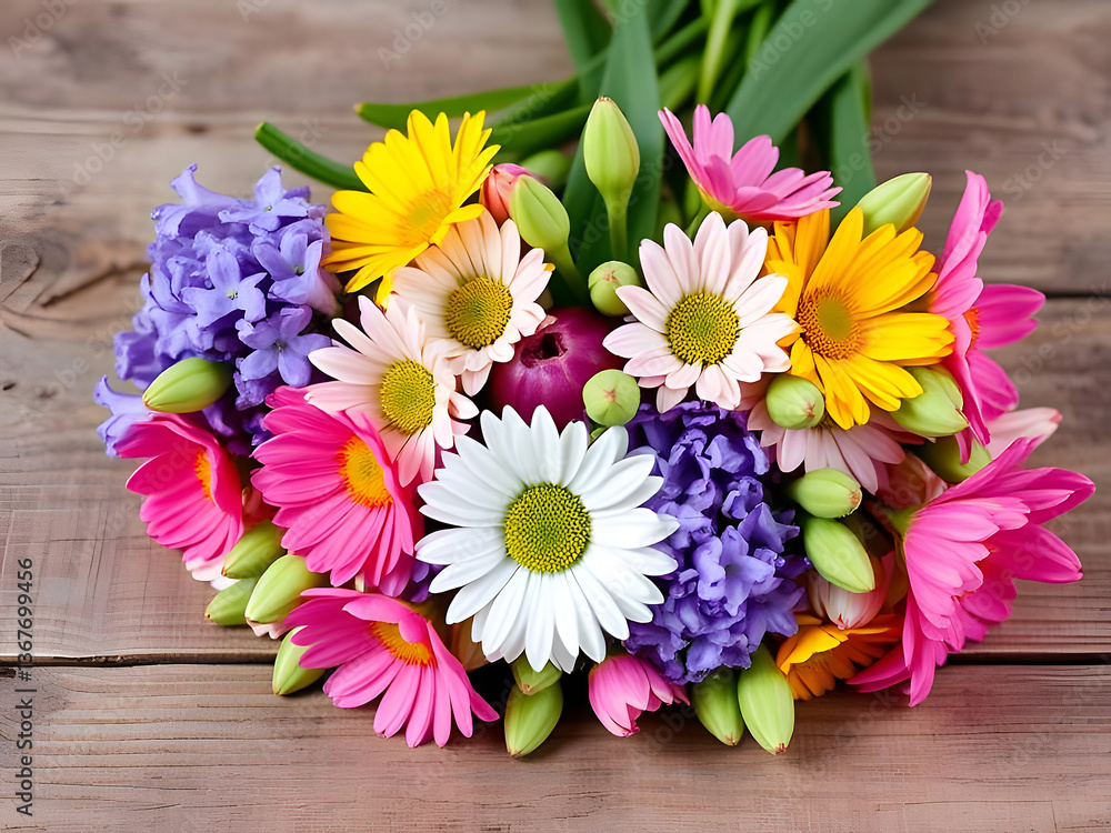 Vibrant Bouquet Colorful Flowers on Rustic Wood - Daisy, Hyacinth, Gerberas, Tulips, Floral Arrangement Vibrant Bouquet Colorful Flowers on Rustic Wood - Daisy, Hyacinth, Gerberas, Tulips, Floral Arrangement