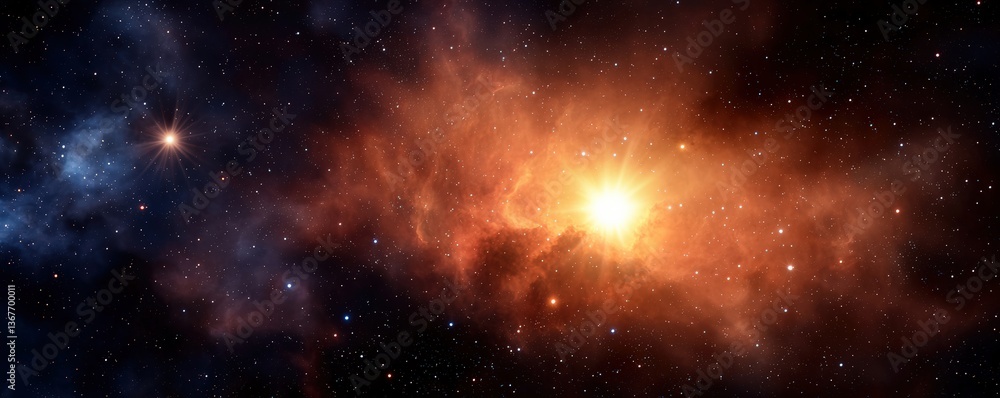 Stellar Formation Theories concept. Cosmic scene featuring stars and a bright sun amid a starry background. Stellar Formation Theories concept. Cosmic scene featuring stars and a bright sun amid a starry background.
