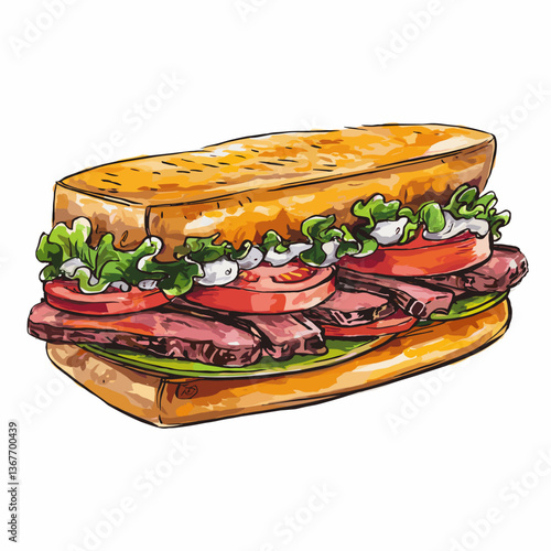Watercolor Jibarito Sandwich with Plantain Bread and Steak