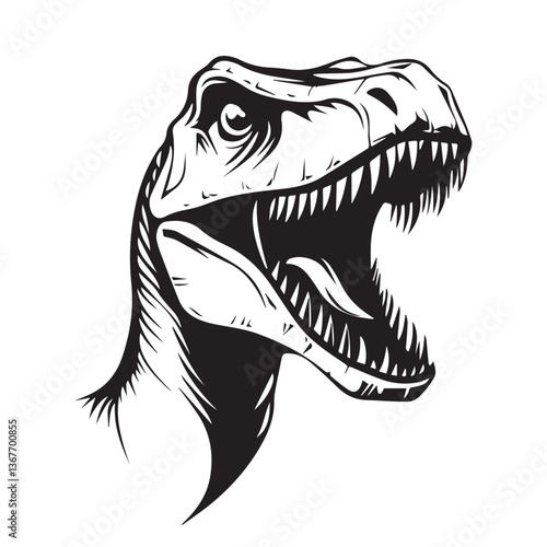 face of a predatory dinosaur with an open mouth and sharp teeth, side view, vector, logo, black and white graphics
