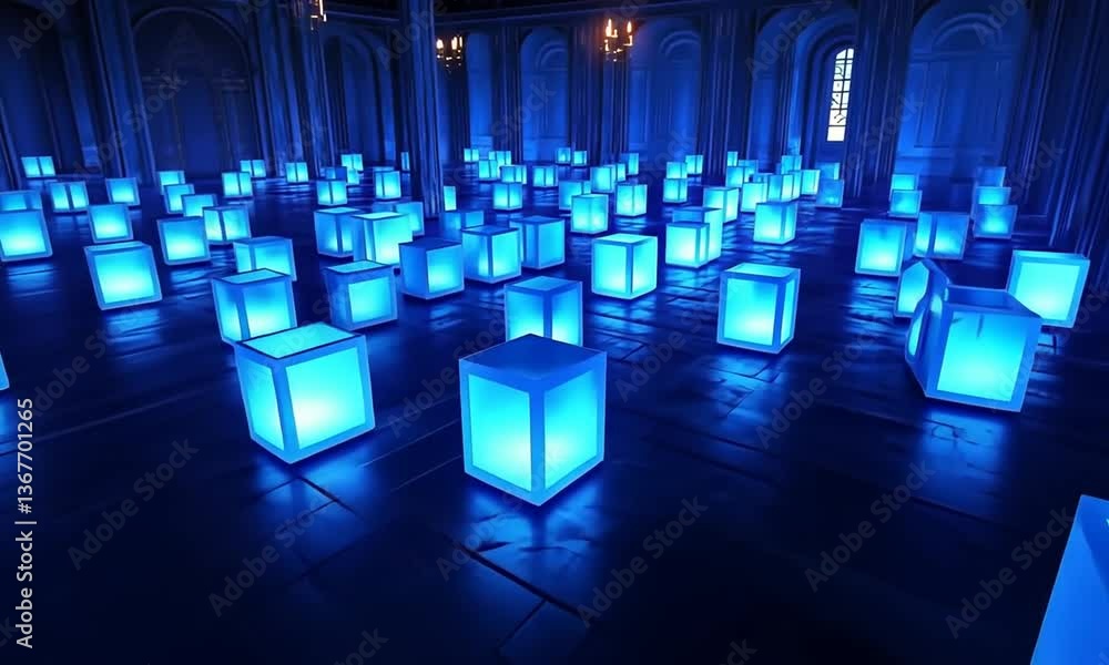 Illuminating Blue Cubes Lighting Up Empty Hallway Interior Display Illuminating Blue Cubes Lighting Up Empty Hallway Interior Display