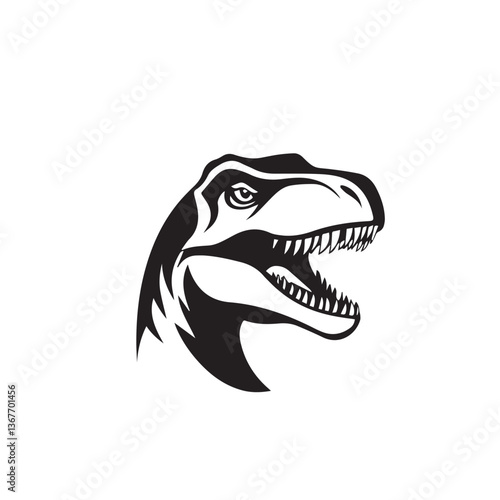 face of a predatory dinosaur with an open mouth and sharp teeth, side view, vector, logo, black and white graphics
