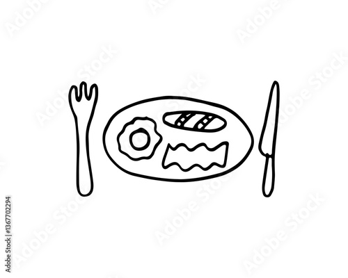 Hand-drawn icon symbol vector of a plate of breakfast food with utensils.