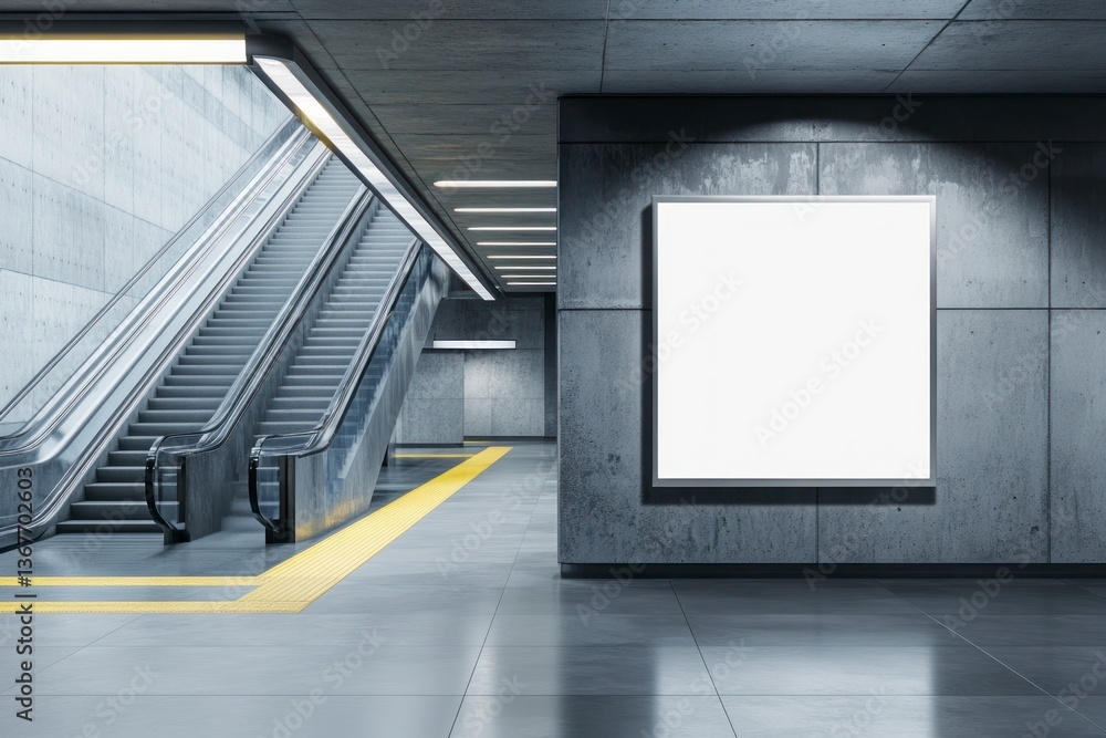 Obraz premium Subway Station Interior with Escalator and Blank Billboard Advertisement Space