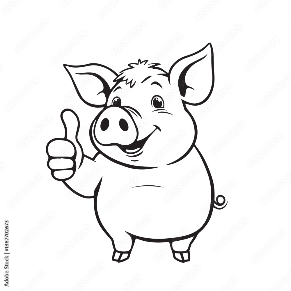Continuous one black line art drawing a pig giving a thumbs up design vector. Continuous one black line art drawing a pig giving a thumbs up design vector.