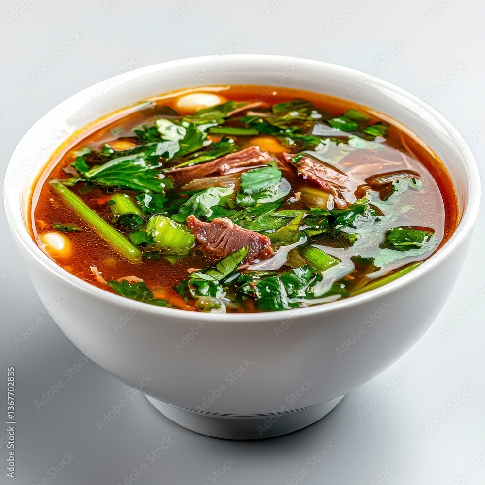 Delicious Beef and Vegetable Soup in a White Bowl Delicious Beef and Vegetable Soup in a White Bowl
