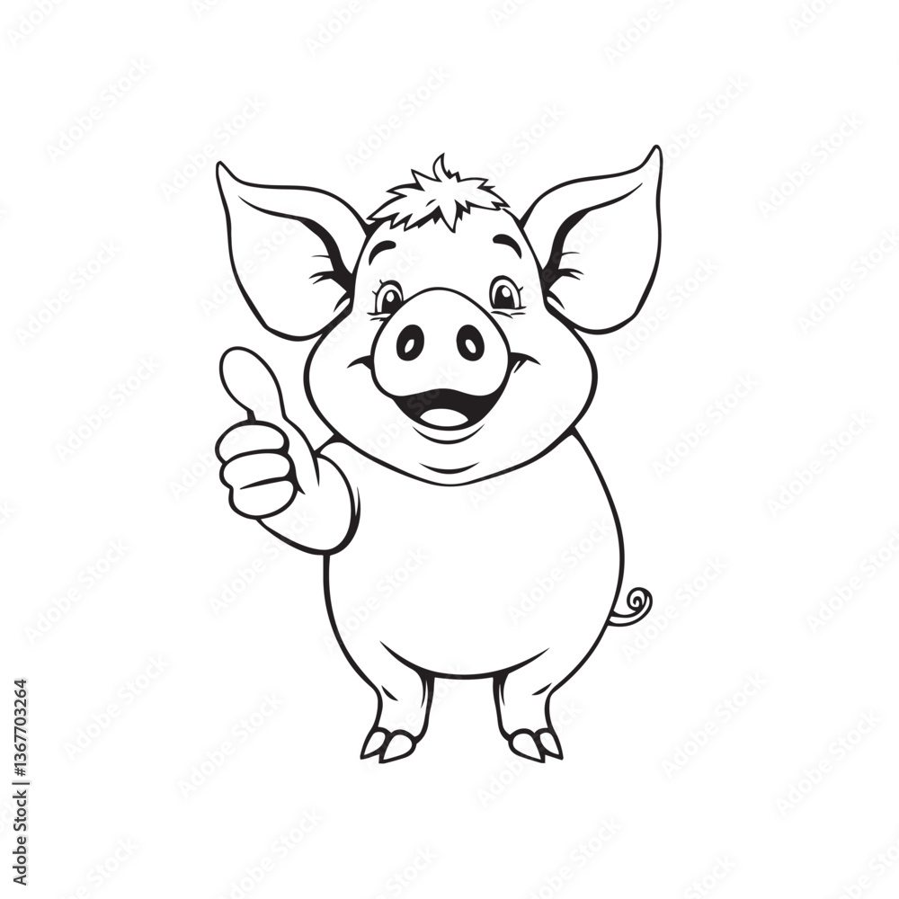 Continuous one black line art drawing a pig giving a thumbs up design vector. Continuous one black line art drawing a pig giving a thumbs up design vector.