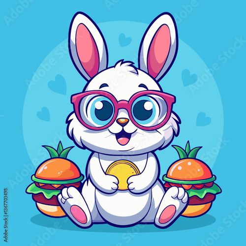 Clever Bunny's Burger Bonanza: A charming cartoon bunny with stylish glasses and an endearing grin poses amidst delicious-looking burgers, a whimsical depiction of food and fun