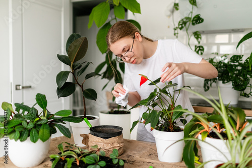 Teen girl in casual attire gently cleaning houseplants in a modern interior.