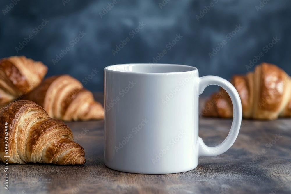 Coffee Mug and Croissants on Rustic Wooden Table for Breakfast Coffee Mug and Croissants on Rustic Wooden Table for Breakfast