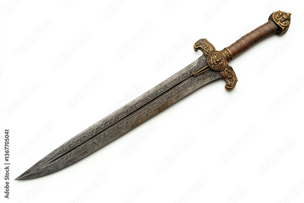 An ornate sword with intricate designs displayed against a neutral backdrop isolated on transparent background An ornate sword with intricate designs displayed against a neutral backdrop isolated on transparent background