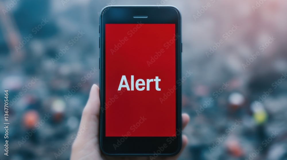 Naklejka premium Disaster warning notification. Earthquake and flood events. A mobile phone with the word 