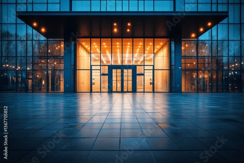 night view of empty brick floor front of modern building