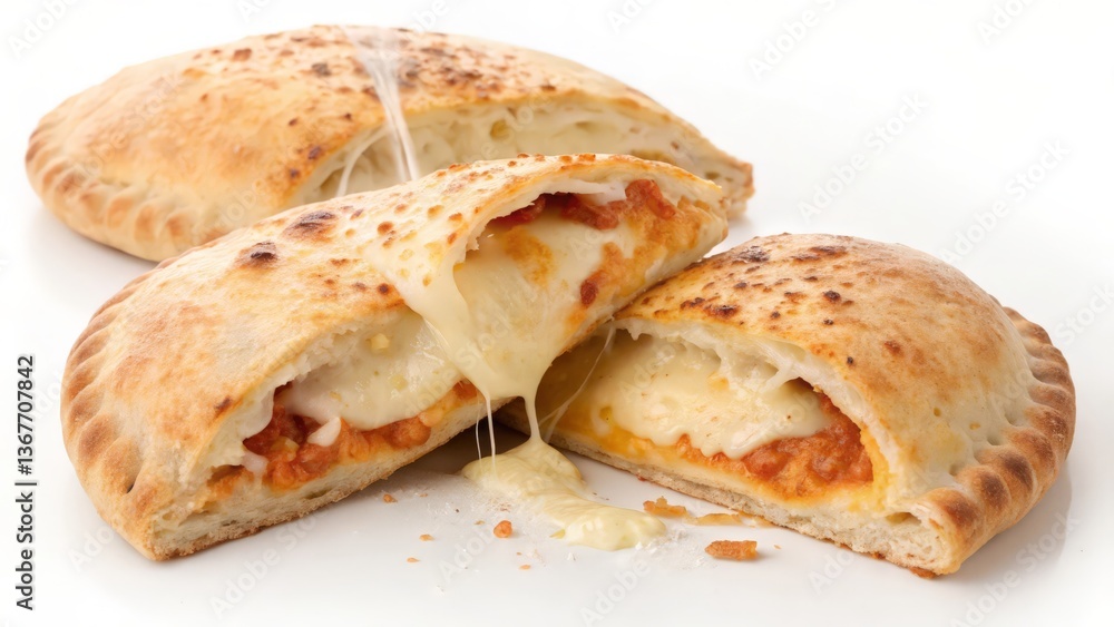 Cheesy Pepperoni Calzone on White Background with Melted Cheese
Cheesy Pepperoni Calzone on White Background with Melted Cheese