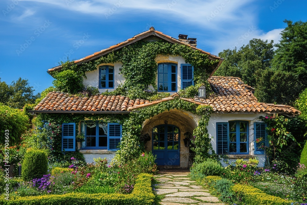 Charming house with a picturesque garden and a perfect blue sky backdrop Charming house with a picturesque garden and a perfect blue sky backdrop