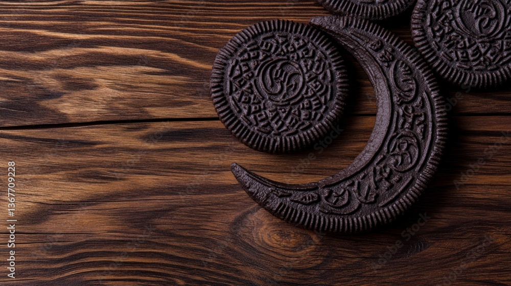 Artistic Dark Chocolate Moon and Round Cookies on Wooden Background Artistic Dark Chocolate Moon and Round Cookies on Wooden Background
