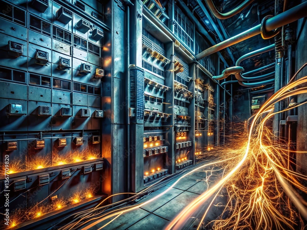 Fototapeta premium Long Exposure Photo of Electrical Panel with Circuit Breakers and Wiring