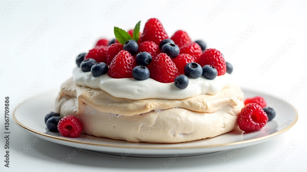 A Pavlova a crisp meringue dessert with a soft interior topped with fresh berries and cream A Pavlova a crisp meringue dessert with a soft interior topped with fresh berries and cream