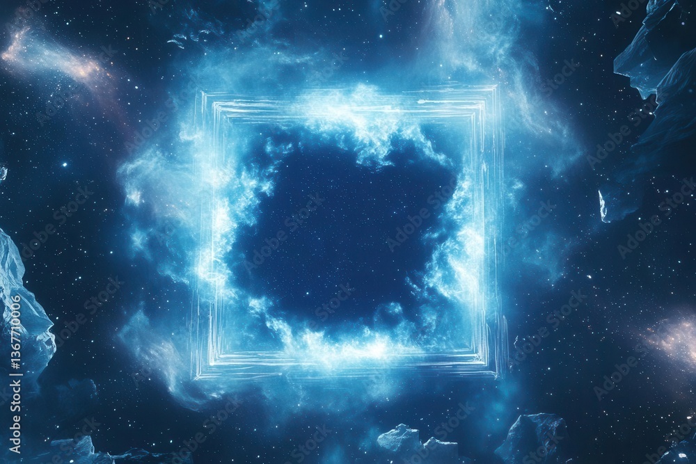 cyberpunk portal emanating ethereal blue light geometric crystalline frame with swirling cosmic mist set against infinite starfield