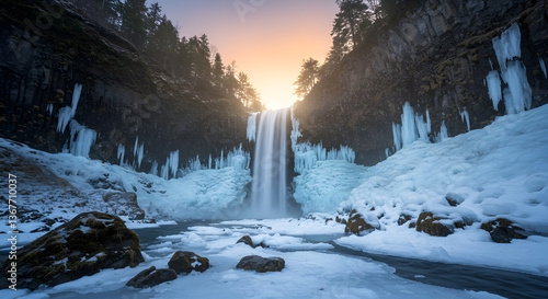 Winter's icy embrace: A majestic waterfall frozen in time against a sunset sky