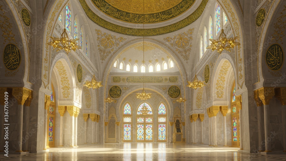 Ornate mosque interior featuring golden chandeliers and stained glass. Ornate mosque interior featuring golden chandeliers and stained glass.